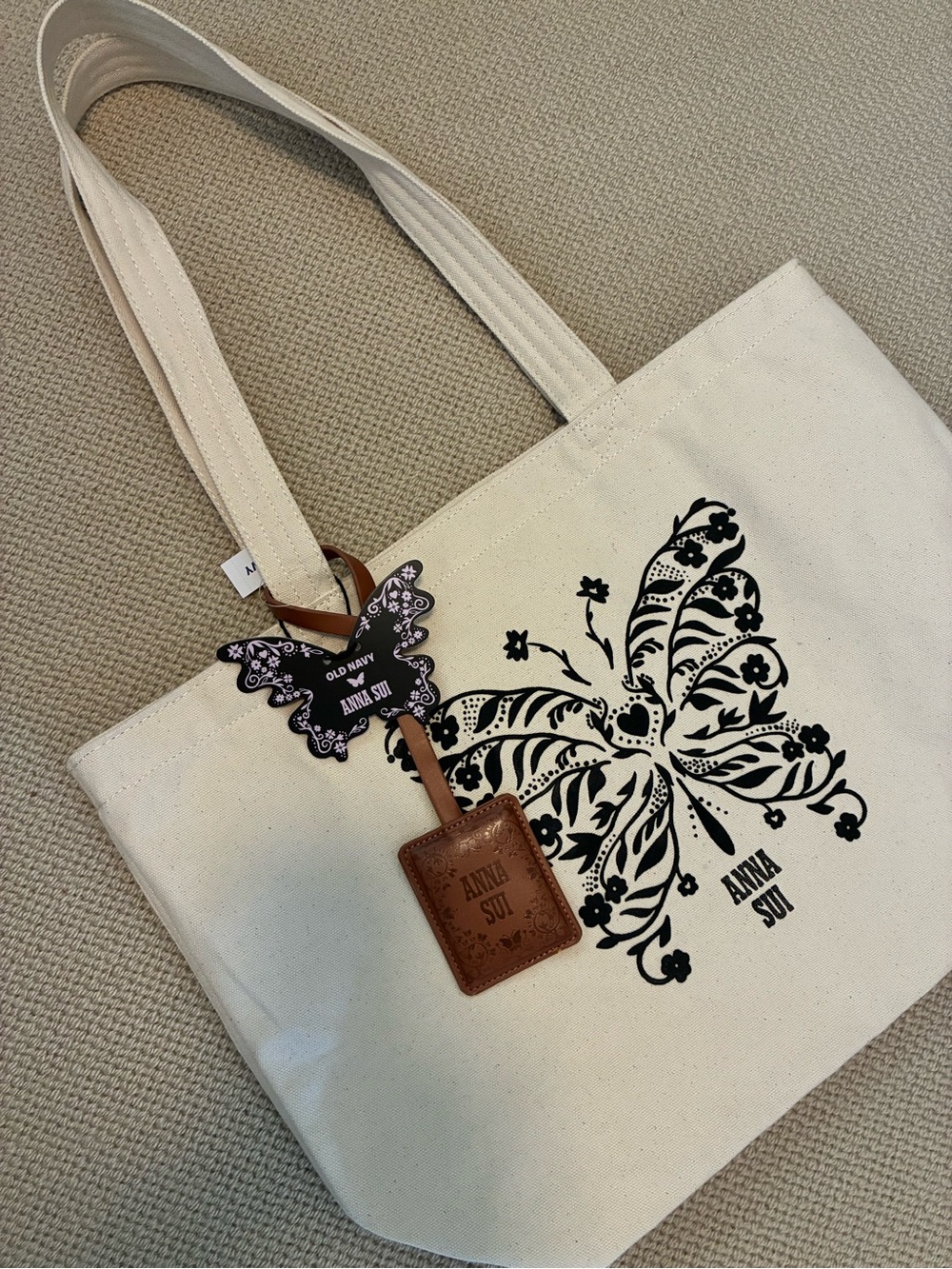 ANNA SUI X Old Navy Canvas Tote with Black Botanical Butterfly Print NWT